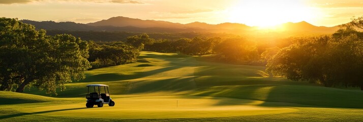Fototapeta premium A picturesque golf course bathed in the golden light of sunset, with a golf cart parked on the fairway, showcasing the tranquility and beauty of the sport.