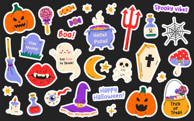 Set of halloween stickers in cartoon style incuding pumpkins, ghost,  witch hat, grave, poison, skull, moon, sweets and short phrases.