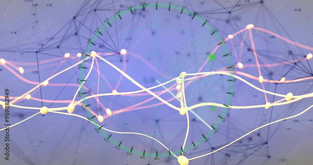 Poster network connections and data points animation over circular graph and geometric background