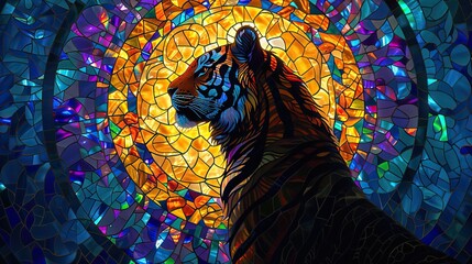 A silhouette of a majestic tiger in profile, centered against a vibrant stained glass background, circular design radiating from behind its head.