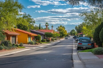 A picturesque suburban street lined with charming, single-story homes in a tranquil Southwest Arizona neighborhood. The houses feature vibrant colors and well-kept landscaping, creating a sense of com