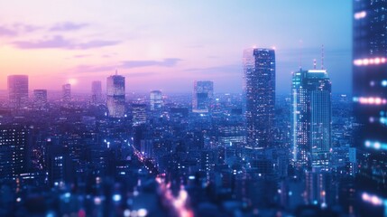 Obraz premium Cityscape at Dusk with Illuminated Skyscrapers