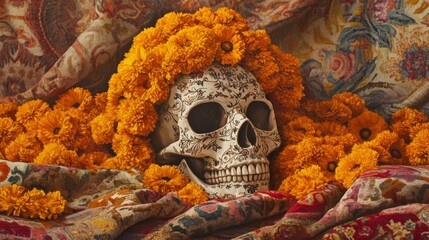 Decorated Skull Surrounded by Marigolds and Floral Fabric