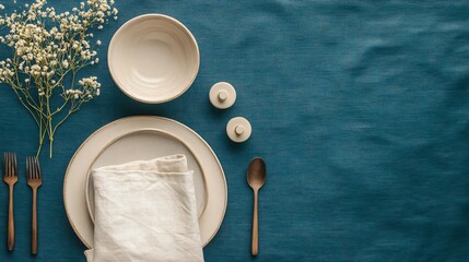 Slightly worn, beige tablecloth with minimalist wear marks, laid out on a deep teal background, accented with sleek dinnerware