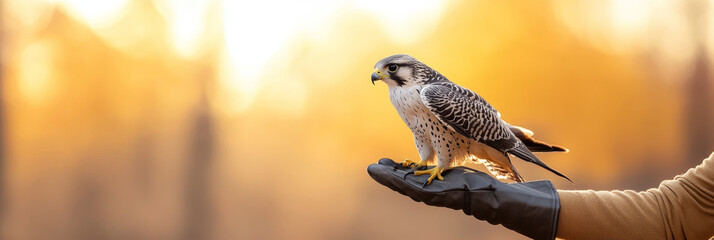 Fototapeta premium A regal falcon, with its sharp eyes and powerful wings, sits confidently on a gloved hand, symbolizing freedom, strength, precision, and connection between nature and humanity. The golden sunset backd