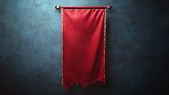 A red medieval flag hangs vertically on a textured blue wall. The flag has gold trim and a weathered look. The flag is blank, making it perfect for adding your own text or logo. The image symbolizes h