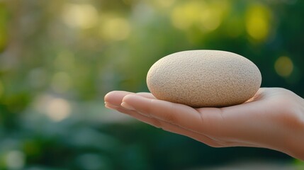 A person holding a stone in their hand with some greenery behind it, AI