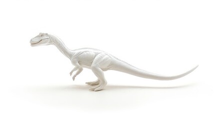 Obraz premium A white dinosaur figurine with sharp teeth stands on a white background with its head turned to the side.