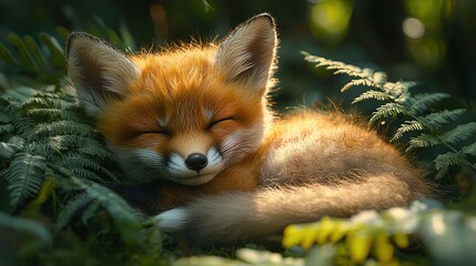 Obraz premium A close-up of a small fox lying in a field of grass with its eyes closed