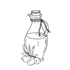 Composition of Glass Jug with Oil and Olive Branch. Hand drawn Vector illustration, line art. Ink drawing for menu, product and italian, greek, spanish cuisine design