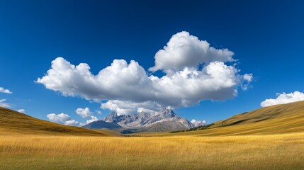 Fototapeta premium A serene landscape showcasing a majestic mountain range, partially obscured by fluffy white clouds, against a backdrop of a vibrant blue sky. The golden field in the foreground adds a touch of warmth 