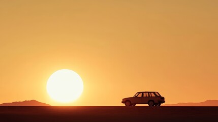 A silhouette of a car driving into a sunset, symbolizing freedom, adventure, new beginnings, the beauty of nature, and the passage of time.
