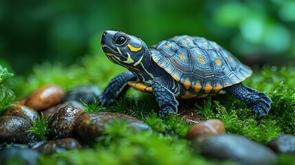 Obraz premium Turtle on bed of grass and rocks, close up with foreground rocks and trees in background