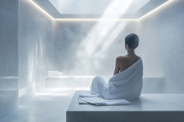 Young woman is sitting on a marble bench, covered in a white towel, enjoying the steam in a modern spa