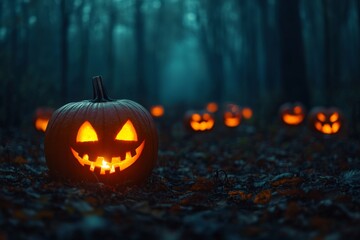A single jack-o'-lantern with a cheerful grin glows brightly in the foreground, while others are scattered throughout the dark and misty woods, creating a mysterious and festive Halloween atmosphere. 