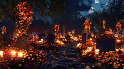Fototapeta premium Illuminated Cemetery with Marigolds and Candles for Day of the Dead