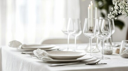 Fototapeta premium White linen tablecloth with a few small, worn spots, placed on a minimalist dining table with modern cutlery and glassware in a chic dining room