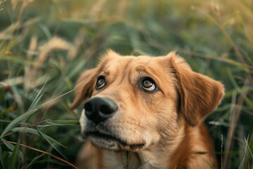 Street dog in the park on green grass on a summer day. Close-up portrait of a dog. Homeless animals. Beautiful simple AI generated image