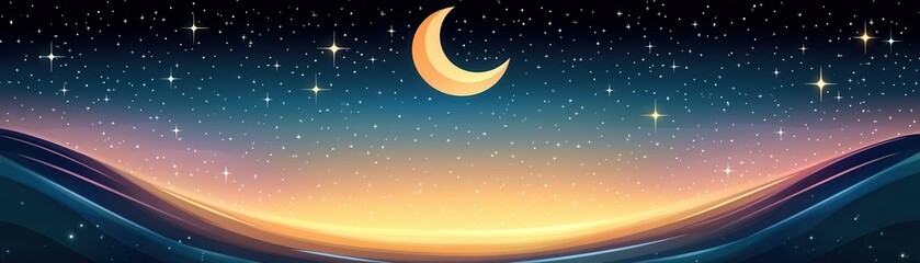 Naklejka premium Digital artwork depicting a crescent moon with a glowing horizon and starry sky, creating a serene dusk atmosphere.