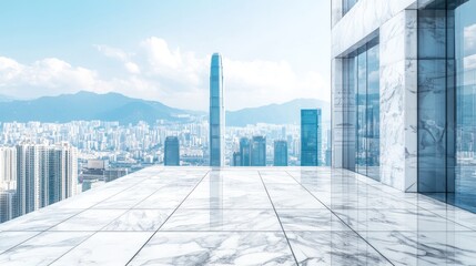 Fototapeta premium Marble Terrace overlooking a modern city skyline with mountains in the distance