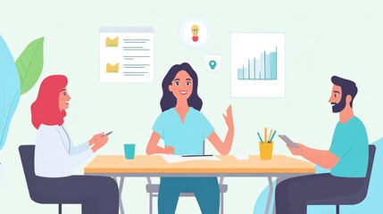 Three diverse colleagues having a business meeting, sitting around a table with a green plant on the left and a lightbulb, graph and list on the wall.