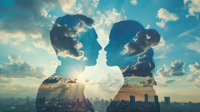 multiple exposure man and woman, long distance relationship, love and death concept, rest in peace