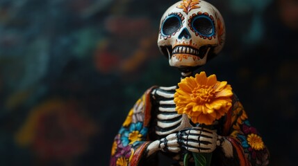 Decorated Sugar Skull Skeleton Holding a Yellow Flower