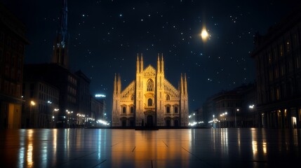 Fototapeta premium A stunning nighttime view of the Duomo di Milano, Milan Cathedral, illuminated against a starry sky. The cathedral's intricate architecture and towering spires are highlighted by the warm glow of the 