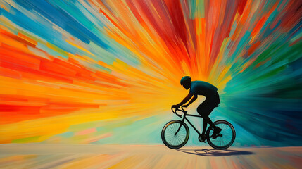 a guy riding bike on rainbow