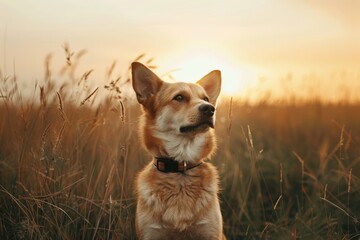 Street dog in the park on green grass on a summer day. Close-up portrait of a dog. Homeless animals. Beautiful simple AI generated image
