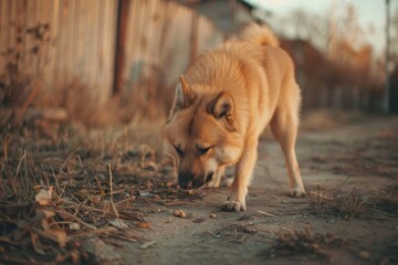 Street dog in the park on green grass on a summer day. Close-up portrait of a dog. Homeless animals. Beautiful simple AI generated image