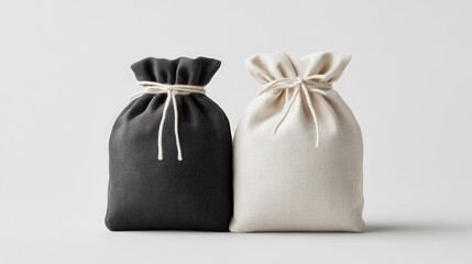 Obraz premium Two drawstring fabric pouches, one black and one white, sit side by side against a plain background.