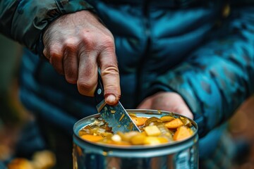 Obraz premium Close-up of a traveler using a knife to open canned food, highlighting outdoor adventure.
