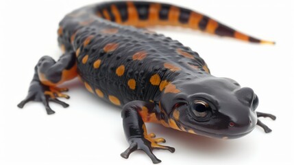 Obraz premium Black and yellow salamander with black eyes and yellow spots on a white background.