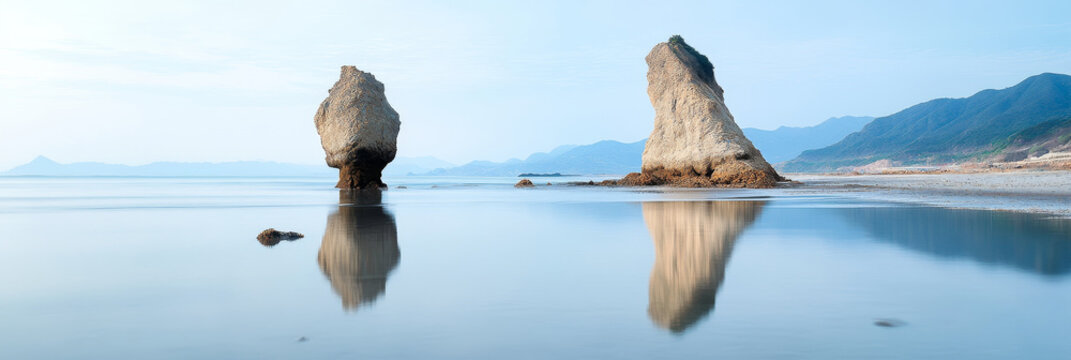A tranquil seascape featuring two towering rock formations rising from the water, their reflections mirrored perfectly in the still surface. The scene evokes a sense of peace, tranquility, and the bea