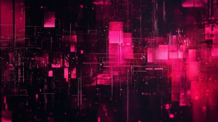A vibrant digital art abstract background featuring a dark, glitchy texture with vibrant neon pink accents. It symbolizes digital disruption, technological innovation, the future of technology, and th