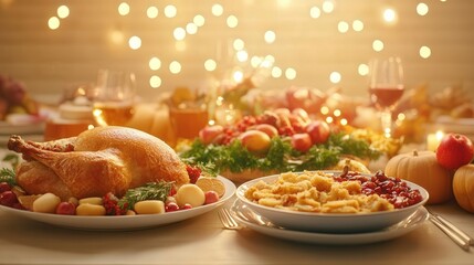 8K cinematic Thanksgiving feast, dramatic lighting over a family sharing food, elegant place settings, festive decor, room for text