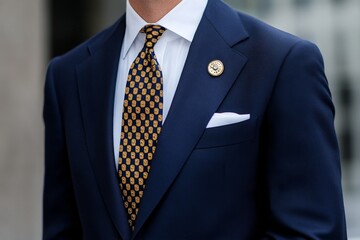 A well-dressed man in a navy blue suit, white shirt, and patterned tie, showcasing elegance and professionalism. The pin on his lapel adds a touch of distinction, symbolizing success, authority, and r