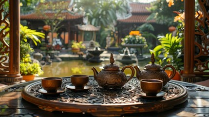 A tranquil tea setting featuring ornate teapot and cups amidst a lush garden, perfect for relaxation and contemplation.