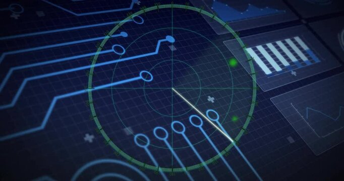 Radar animation with digital circuits and data processing over blue grid background