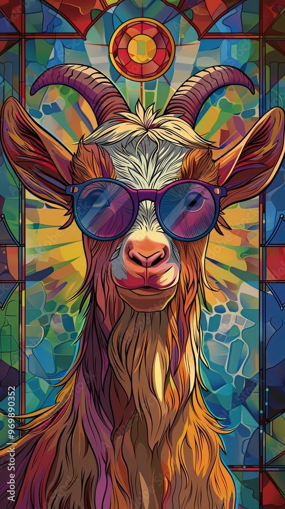 Wall mural a goat wearing sunglasses and standing in front of a stained glass window