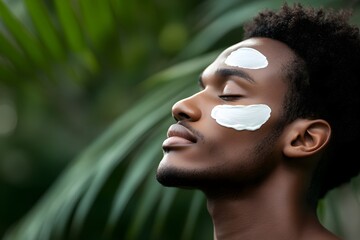 African american man with mud mask or moisturizing cream on white background. Skincare and spa treatment concept. Beauty and wellness. Natural cosmetic products. Closeup portrait with copy space