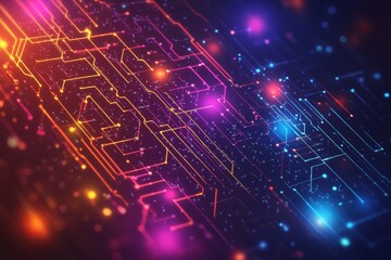 Obraz premium An abstract representation of a circuit board with glowing lines and dots in vibrant colors, symbolizing connectivity, technology, innovation, data flow, and the digital world.