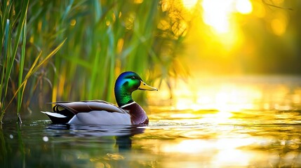 Obraz premium A duck glides atop a sunlit body of water beside a verdant, lush forest