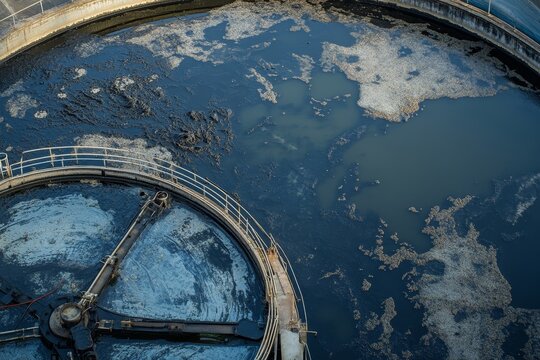 An aerial view of an aerated activated sludge tank at a wastewater treatment plant. The tank is filled with a mixture of water, sludge, and air bubbles. The sludge is being treated with bacteria to re