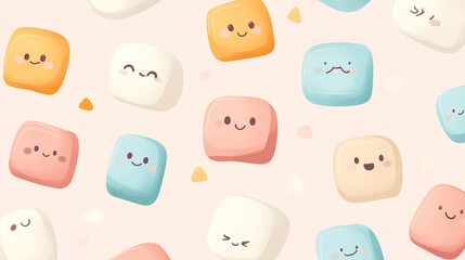 Obraz premium Playful marshmallows showcasing adorable kawaii character designs in a vibrant cartoon vector illustration, crafted into a seamless pattern. Ideal for whimsical textiles and sweet-themed products