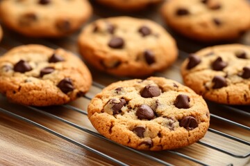 Close-up of freshly baked chocolate chip cookies on a cooling rack, showcasing their golden brown color, soft texture, and gooey chocolate chips. The image evokes feelings of warmth, comfort, and swee
