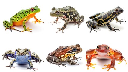 Six different types of frogs isolated on a white background, with some looking at the camera, while others are positioned at an angle.