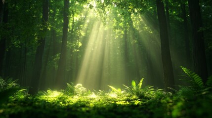 Fototapeta premium Sunlight streams through the dense canopy of a tranquil forest, illuminating the green undergrowth and creating a peaceful and serene atmosphere. The image evokes a sense of tranquility, peace, and th