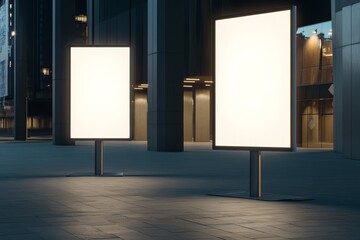 Two blank advertising billboards stand tall against a modern city backdrop, illuminated by the glow of streetlights, symbolizing opportunity, reach, and the power of visual communication.